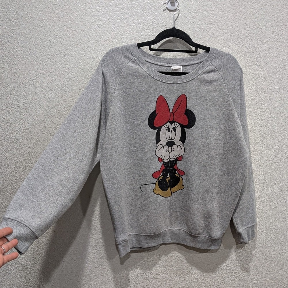 Disney Womens Minnie Mouse Sweatshirt XL Gray Crewneck Graphic Disneyland